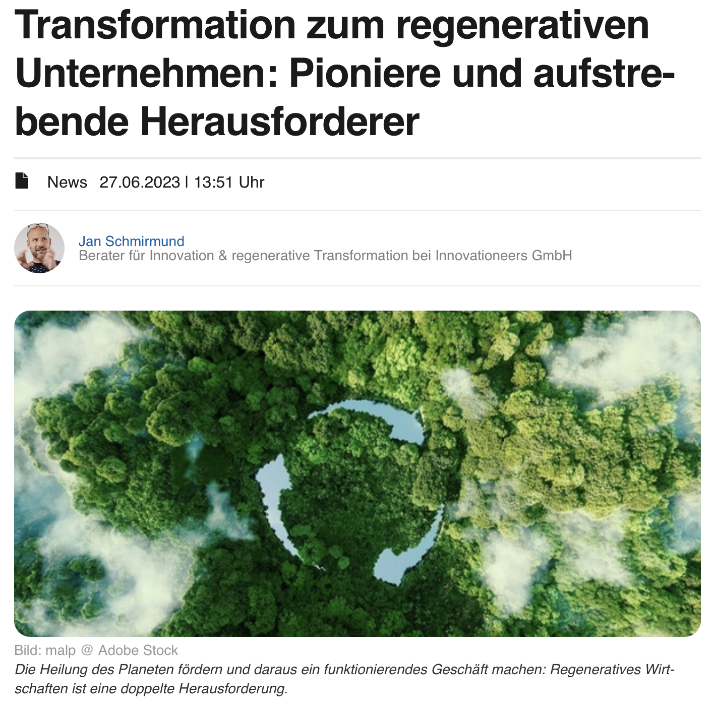 Ausschnitt des Artikels auf Haufe.de über die Transformation zum regenerativen Unternehmen