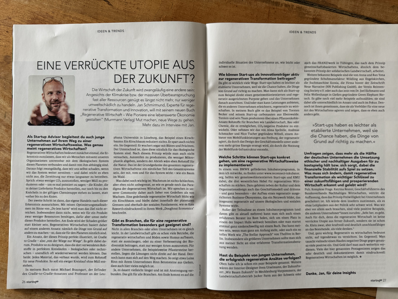 Zeitungsseite des Interviews „Eine verrückte Utopie aus der Zukunft?“ in StartingUp