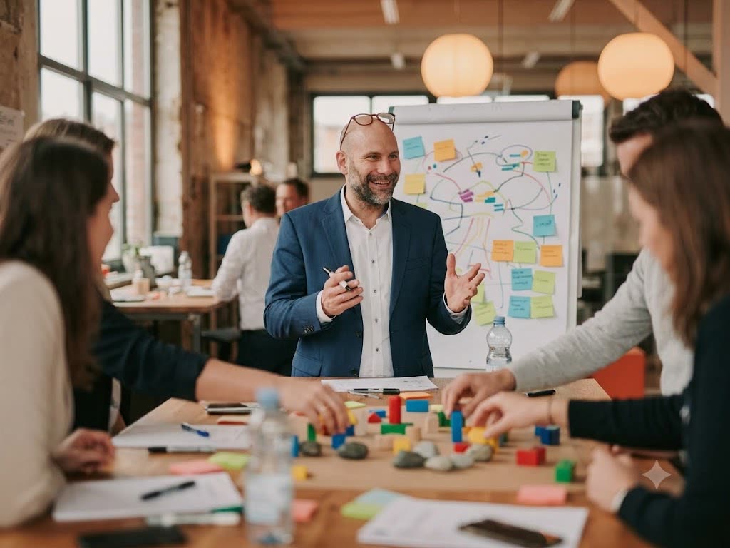 Workshop-Szene mit Jan Schmirmund am Flipchart, weichgezeichneter Hintergrund