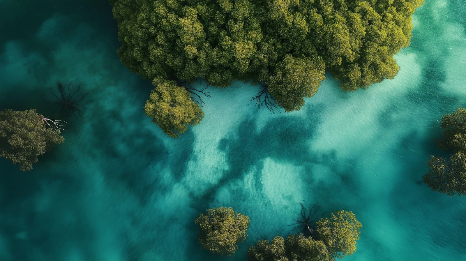 Mangrovenwald aus der Luft, dazwischen türkises Wasser